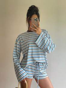 Aloruh 藍色條紋針織休閒女款兩件套 - 彩色 - 查看 3