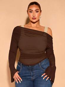 SHEIN BAE Plus Size Women Solid Color Ruched Fitted Versatile Casual T-Shirt - Mocha Brown - View 1