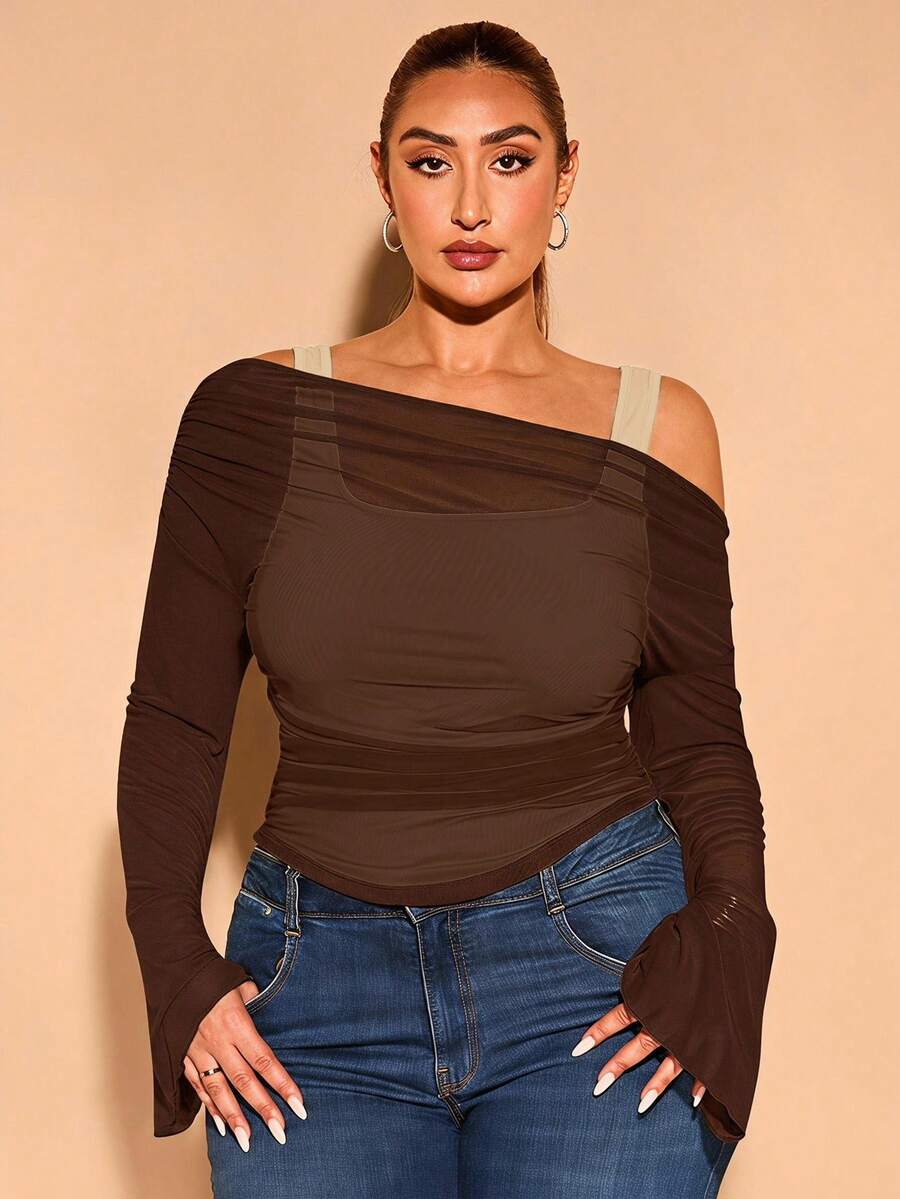 SHEIN BAE Plus Size Women Solid Color Ruched Fitted Versatile Casual T-Shirt - Mocha Brown - View 1