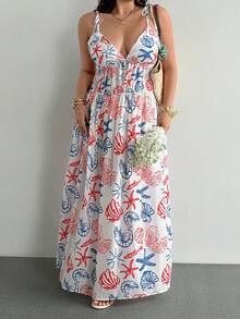 SHEIN SunnyBelle Elegantes Damen-Maxikleid in Große Größen für Strandurlaub mit Muschel- und Schnecken-Blumenprint, geraffter Taille, Spaghettiträgern und Bindeband - Blau-Weiß - Übersicht 6