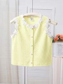 SHEIN Young Girl Knitted Solid Color Patchwork Contrast Color Floral Ribbon Casual Vest - Yellow - View 5