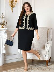Ellevyn Fashion Elegant Lace Decor Top Dress 2 Pieces Set Plus Size Cocktail Gym Brown Autumn Fall - Black - View 6