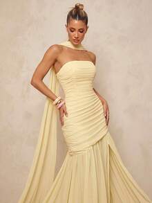 Lumalex Gaun Chiffon Musim Panas Elegan Warna Kuning Muda, Gaun Formal untuk Prom, Pernikahan, Pengiring Pengantin, Model Ekor Ikan, Leher Halter (Payet yang Dapat Dilepas), Bagian Dada Berkerut, Jaring Transparan - Kuning - View 6