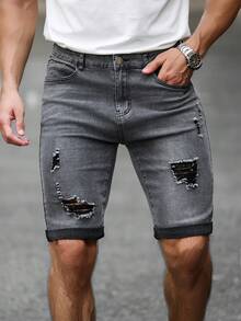 Manfinity Homme Men's Casual Versatile Daily Wear Denim Shorts With Pocket, Button And Distressed Design - Grey - View 6