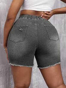 EURMUSE Shorts vaqueros ajustados con efecto desgastado y rasgado para tallas grandes - Gris Claro - View 2