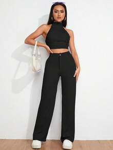 EURMUSE Solid Color Casual Classy Elegant Straight-Leg Pants For Daily Wear Office Black Autumn - Black - View 6