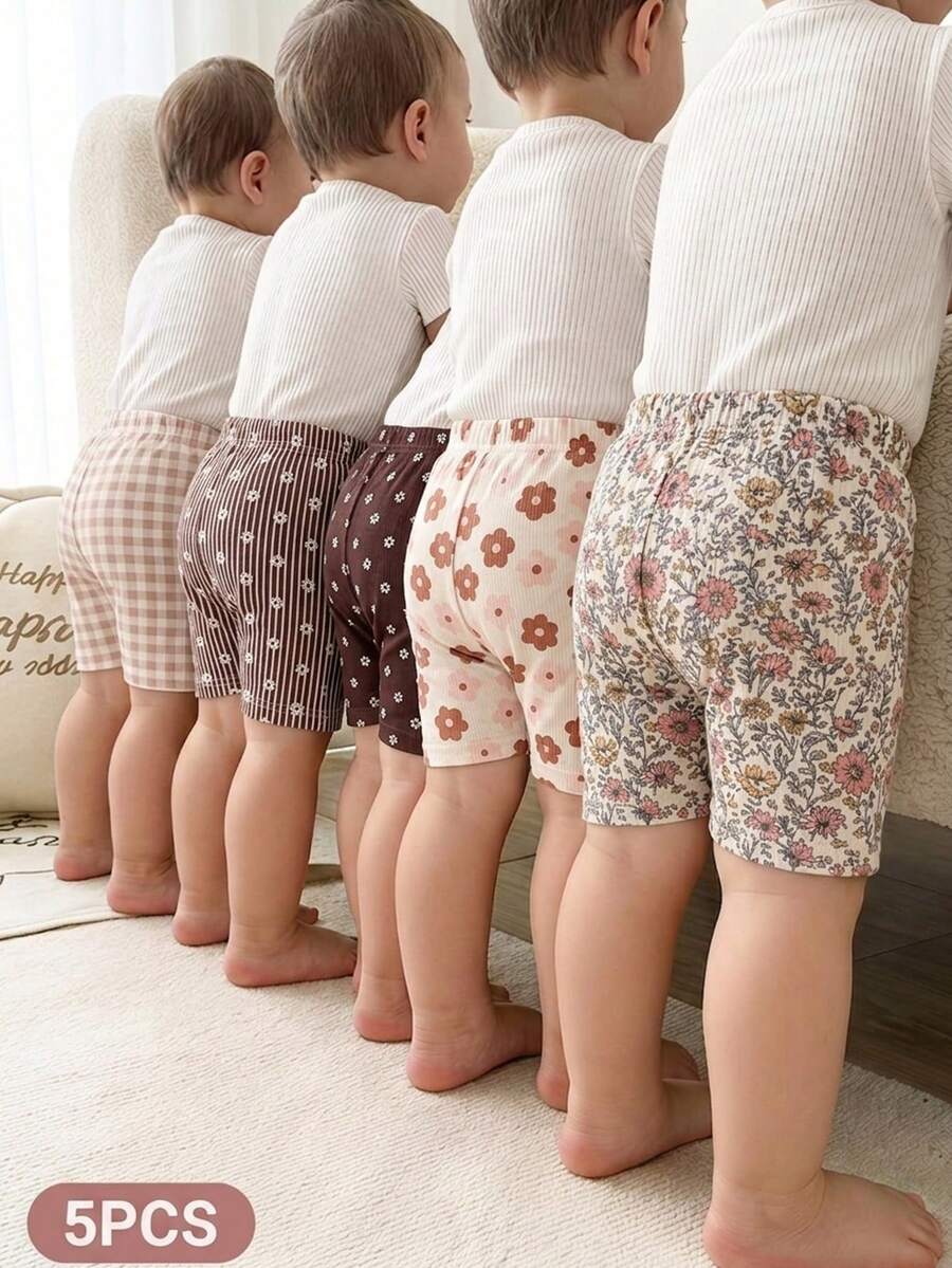 SHEIN Playful Pals 5件組女嬰春夏休閒可愛運動舒適多色短褲與內搭褲，適合玩耍與外出