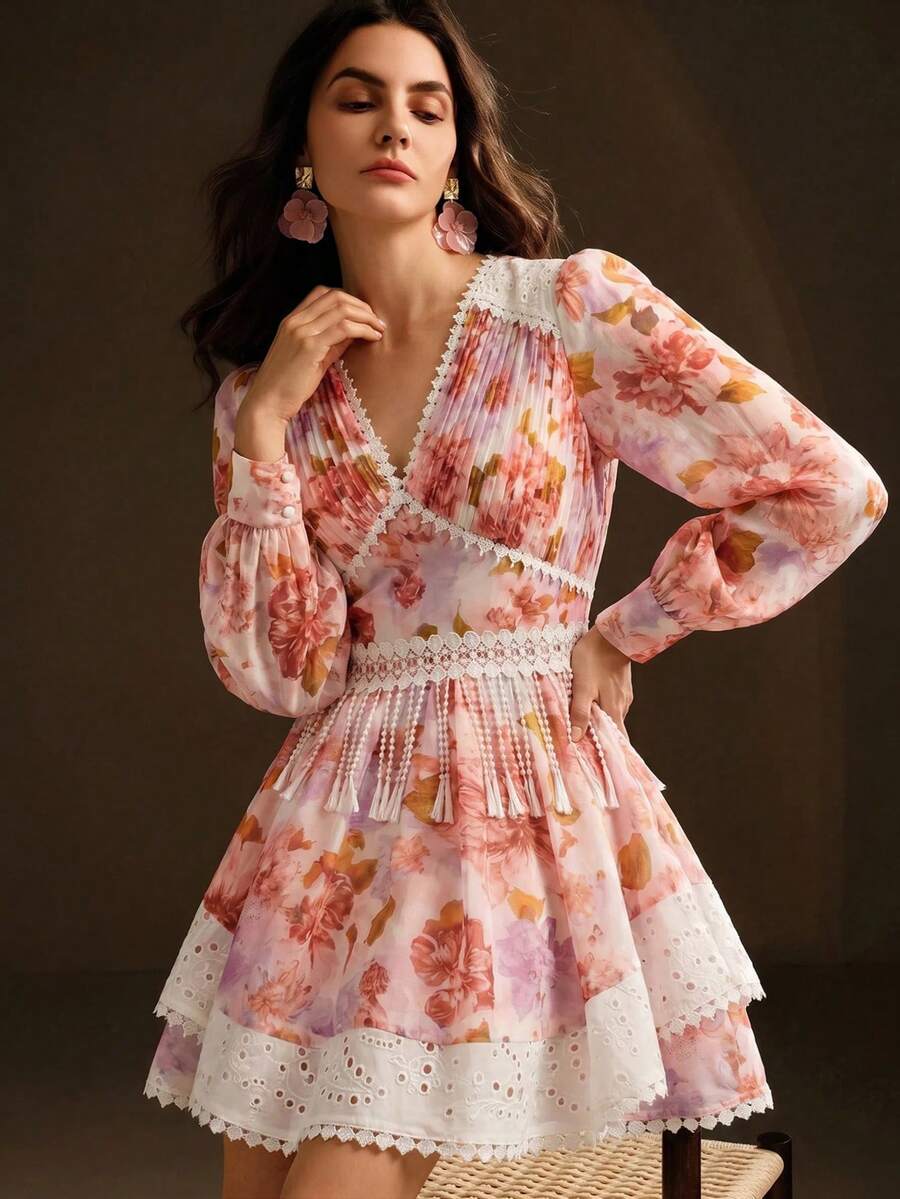 Anewsta Elegant Dress, Chiffon Long Sleeve Floral Short Dress, Patchwork Fabric Striped Heavy Work Dress - Pink - View 1