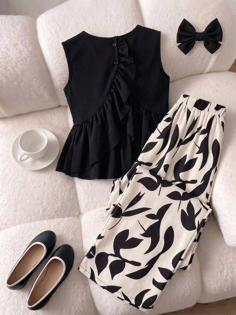 Conjunto de 2 piezas de camiseta y pantalones para niñas preadolescentes, sin mangas con volantes en la espalda e impresión de mariposa, atuendo de verano casual - Multicolor - Ver 1