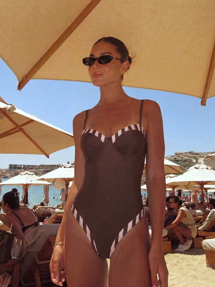 Bonvoyette Women's Sexy Tropical Elegant Underwire Molded Cup Push Up Striped Print Backless One-Piece Swimsuit Party Vacation Brown Stripe Summer - Brown - View 1