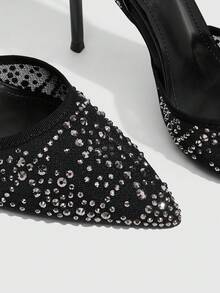 CUCCOO SZL Women's Black Mesh Studded Pointed Toe Pumps With Ankle Tie Ribbon Straps - Black - View 3