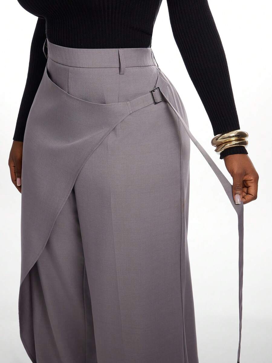 Radiana Plus Size Women's Autumn/Winter Fashion Elegant Versatile New 2 In 1 Design Grey Long Pants, Suitable For Commuting, Office, Workplace Fall - Grey - View 1