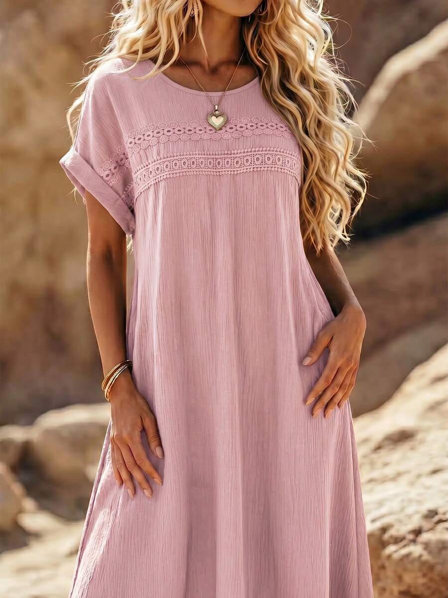 Linhara Vestido sin mangas de talla grande para mujer con unicolor y encaje calado - Rosa - Ver 1
