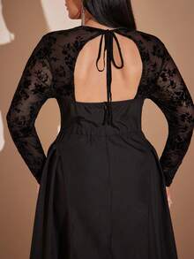 SHEIN BAE CURVE Gaun Tanpa Punggung Berbahan Jala Berbulu Hitam untuk Wanita Ukuran Plus, Cocok untuk Musim Gugur. - Hitam - View 6
