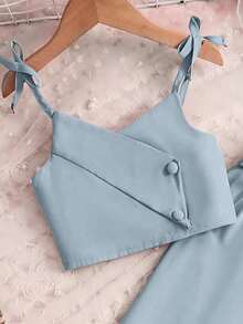 SHEIN 1 Random Pc Young Girl Bow Spaghetti Strap Vest Set, Vacation, Back To School, Daily - Dusty Blue - View 5