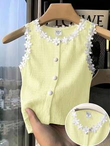 SHEIN Young Girl Knitted Solid Color Patchwork Contrast Color Floral Ribbon Casual Vest - Yellow - View 1