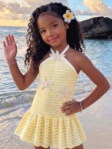 SHEIN Elladie kids 小女孩时尚甜美彩虹条纹吊带露背连衣裙，夏季度假装 - 黃色 - 查看 2