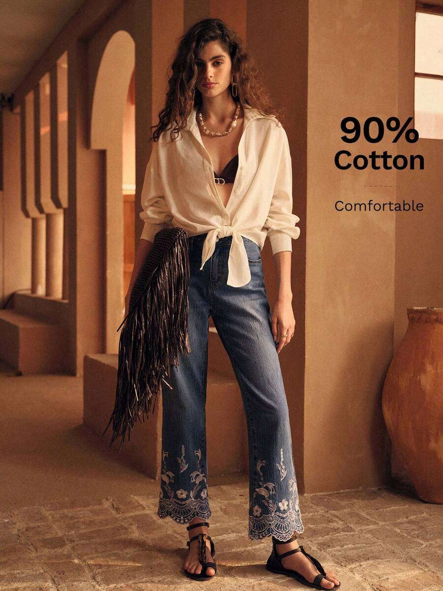 MOTF PREMIUM WOMEN'S EMBROIDERED VACATION DENIM PANTS SWIMMING WHITE SUMMER SEXY - Medium Wash - View 1