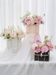 12Pcs Rose Flower Paper Gift Handbags With Metal Chain, Durable Floral Bouquet Tote Packaging Boxes For Fresh & Preserved Flowers, Ideal Gift Bags For Wedding, Birthday, Valentine's Day, Easter & Holiday Party - Multicolor - View 2