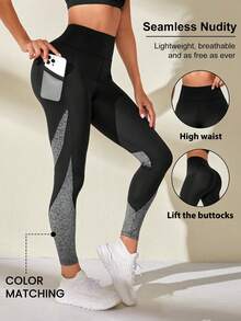 SHEIN Sports Women's Colorblock High Waist Sports Leggings With Pockets - Multicolor - View 1