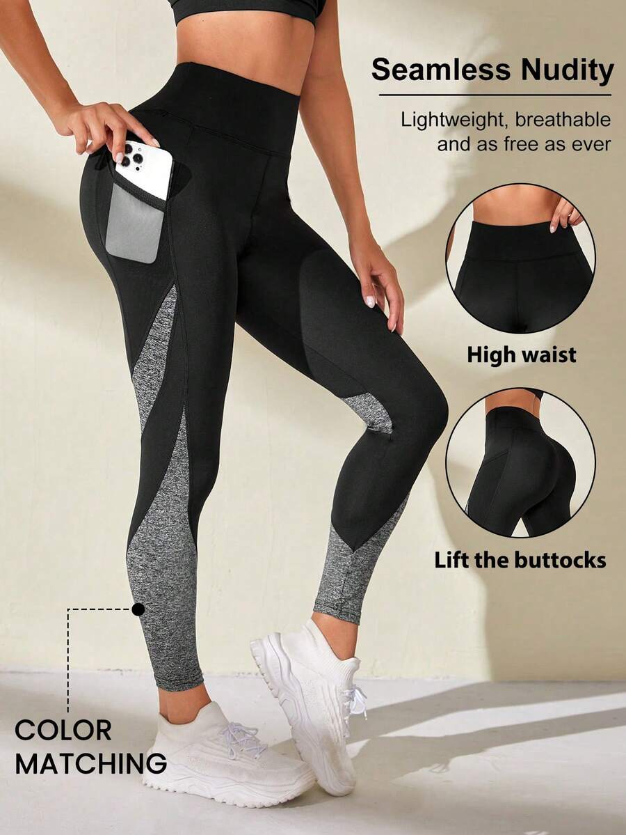 SHEIN Sports Women's Colorblock High Waist Sports Leggings With Pockets - Multicolor - View 1