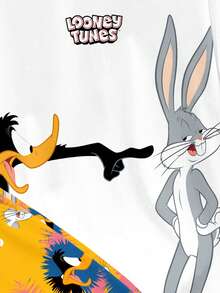 LOONEY TUNES X SHEIN Manfinity Joysei 男士大尺碼字母印花短袖T恤與抽繩腰短褲休閒套裝 - 白色 - 查看 3