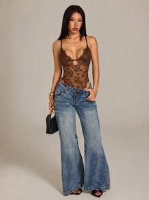 SHEIN PETITE 女款性感時尚蕾絲拼接透視連身衣 - 棕色 - 查看 7