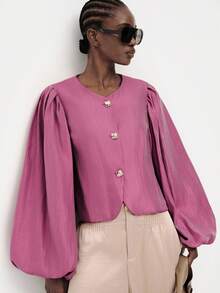 Aveloria Modichic Blusa de mujer holgada y corta con mangas abullonadas, hebilla dorada, cuello en V, plisada, elegante, madura, para fiesta, brunch, cena, té, oficina, top rosa, otoño - Morado - Ver 7