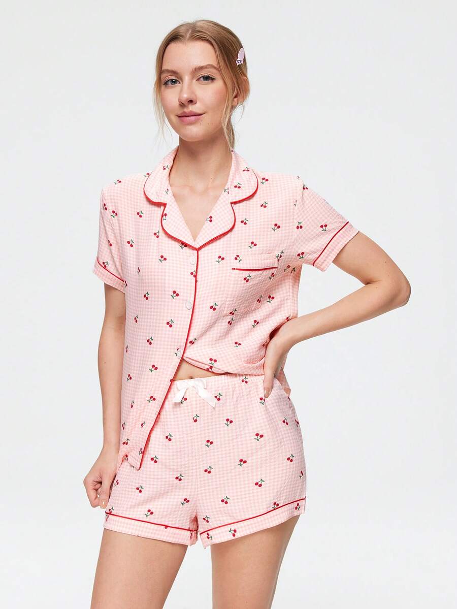 Bonmuse 3pcs Set Cherry Print Plaid Short Sleeve Shirt With Long & Shorts, Women Spring/Summer Pajamas & Loungewear Set, Suitable For Home Use - Pink - View 1