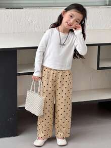DAZY Polka Dot Colorblock Cuffed Cute Casual Long Pants For Young Girls Fall - Apricot - View 4