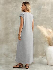 EMERY ROSE Women's Zipper Casual Solid Color Loose Fit Short Sleeve Long Dress, Summer Everyday Light Grey Birthday Going Out Vacation Outfits - Grey - View 2