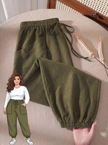 Rusticease Plus Size Olive Green Drawstring Waist Pocket Jogger Pants Autumn Casual Traditional Vacation Outfits For Women Beach Semi Formal Lounge Going Out - Army Green - View 3