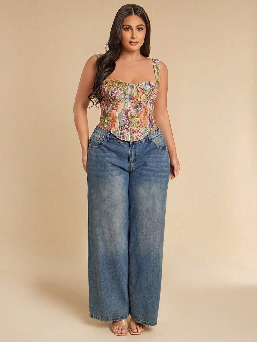 SHEIN BAE 大尺碼女款拼色梭織布料後拉鍊胸衣上衣 - 彩色 - 查看 1