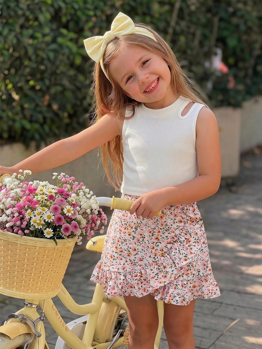 Emery Rose Kids Emery Rose Kids 少女純色圓領無袖T恤與花卉荷葉邊裙時尚套裝 - 粉色 - 查看 1