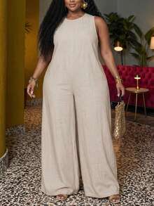 Veslaya Plus Size Women's Solid Color Round Neck Casual Daily Wear Jumpsuit Wide Leg Pants - Khaki - View 2