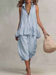 SHEIN Women's Loose Comfortable Casual Sleeveless Top & Pants 2 Pieces Set - Blue - View 3