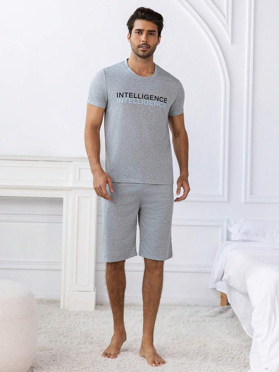 Provexi Provexi Men's Letter Print Short Sleeve Top And Shorts Loungewear Set - Light Grey - View 1