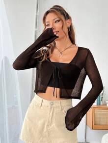 SHEIN EZwear 女款春夏休閒純色前綁帶開襟衫 - 咖啡棕 - 查看 7