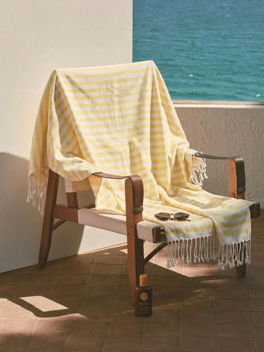 Cirelle 1pc Turkish Polyester Beach Towel - Oversized Striped Sand Free Beach Towel With Fringes, Quick Dry Lightweight Bath Towel Travel Blanket For Pool, Gym, Camping (100*180cm) - Multicolor - View 1