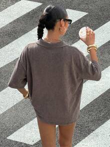 Muchica Plus Size Women's Solid Color Dropped Shoulder Button Front Loose T-Shirt - Chocolate Brown - View 3
