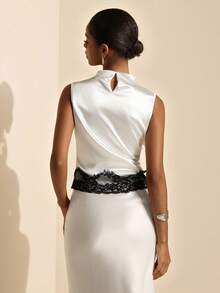 Elafinee Satin Sleeveless Waist Pleated Colorblock Lace Patchwork Elegant French Women's Blouse Wedding Dinner White And Black Summer - White - View 2