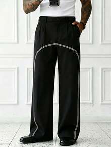Manfinity Homme Men's Black Relaxed Fit Wide-Leg Pants, Printed Line Design, Mature Casual Vintage Style Trousers ,Printed Design, More Three-Dimensional Shape - Black - View 1