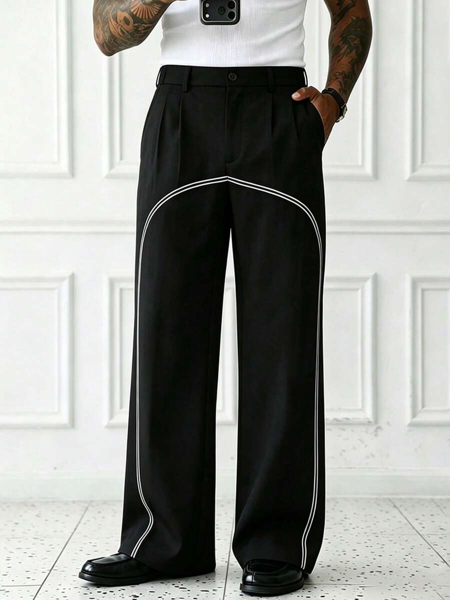 Manfinity Homme Men's Black Relaxed Fit Wide-Leg Pants, Printed Line Design, Mature Casual Vintage Style Trousers ,Printed Design, More Three-Dimensional Shape - Black - View 1