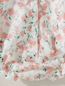 SHEIN 女嬰春秋款可愛刺繡彼得潘領泡泡長袖荷葉邊開襠連身衣，粉色與白色條紋花卉印花設計 - 彩色 - 查看 8