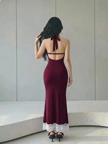 Sweetina Deep V-Neck Lace Trim Backless Long Mermaid Dress - Purple - View 2