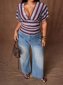 Rustia Plus Size Women's Casual One Shoulder Top With Shell Buttons, Spring/Summer - Brown - View 7