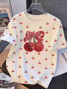 1pc Tween Girl Cherry Print Round Neck Short Sleeve T-Shirt, Matching Crystal-Like & Cherry Pattern, Versatile Casual Outfit, Suitable For Spring, Summer, Autumn - Multicolor - View 2