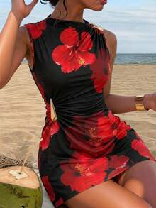 Veykashi Plus Size Romantic Floral Print Casual Vacation Dress, Suitable For Summer, Date, Party, Music Festival - Multicolor - View 1
