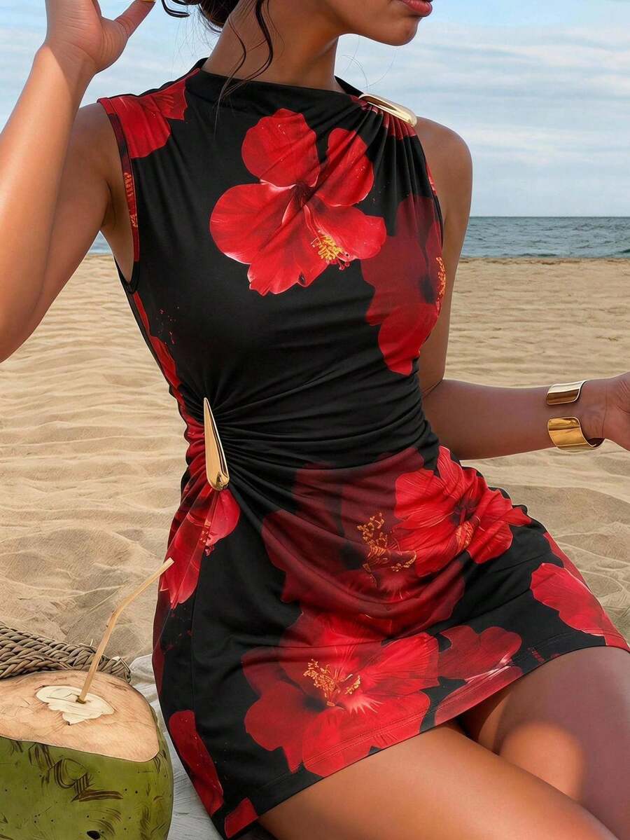 Veykashi Plus Size Romantic Floral Print Casual Vacation Dress, Suitable For Summer, Date, Party, Music Festival - Multicolor - View 1