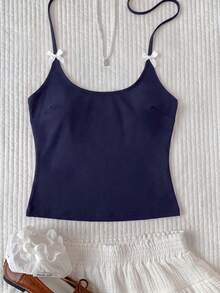 Elavelle Conjunto de bikini para mujer con estampado aleatorio, cuello halter y decoración de lazo, primavera/verano - Azul Marino - Ver 2